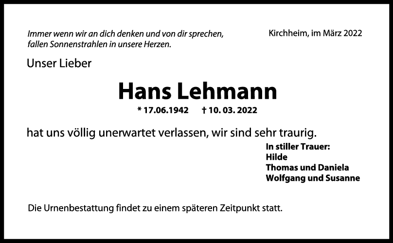 Trauer Hans Lehmann 15/03/2022