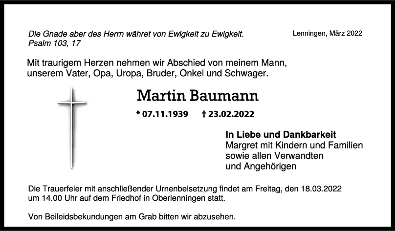 Trauer Martin Baumann 14/03/2022