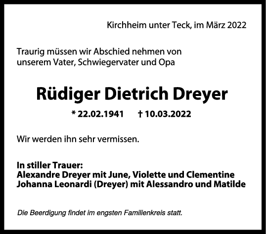 Trauer Rüdiger Dietrich Dreyer 19/03/2022