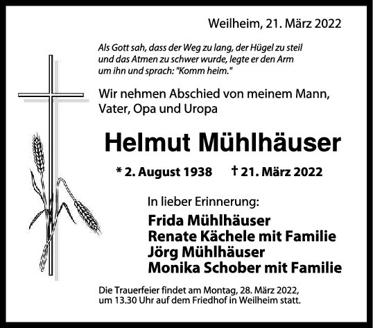 Trauer Helmut Mühlhäuser 25/03/2022