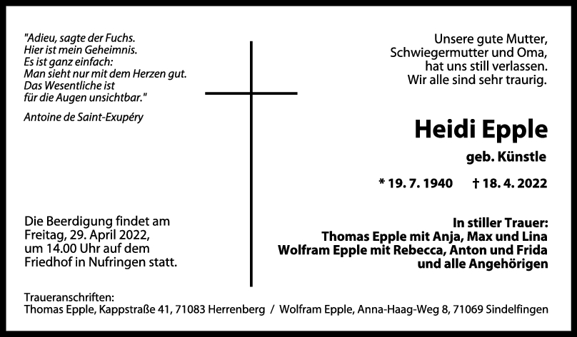 Trauer Heidi Epple 25/04/2022