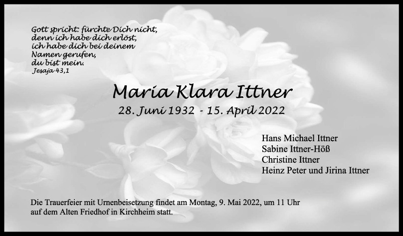 Trauer Maria Klara Ittner 30/04/2022