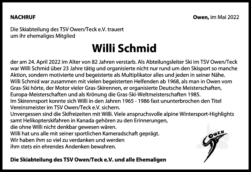 Nachruf Willi Schmid 07/05/2022