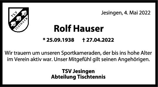 Trauer Rolf Hauser 05/05/2022