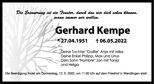 Trauer Gerhard Kempe 11/05/2022