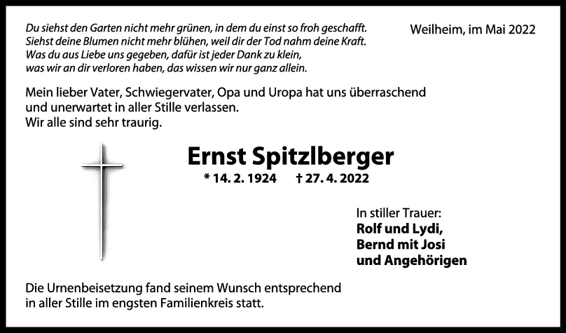 Trauer Ernst Spitzlberger 14/05/2022
