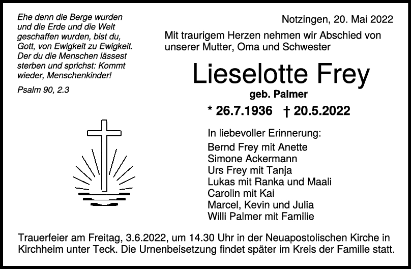 Trauer Lieselotte Frey 28/05/2022