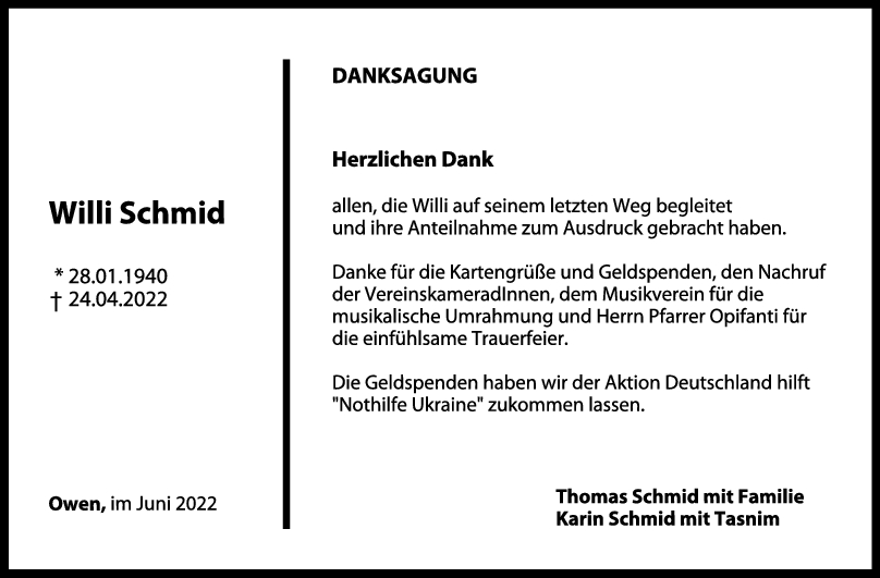 Danksagung Willi Schmid 01/06/2022