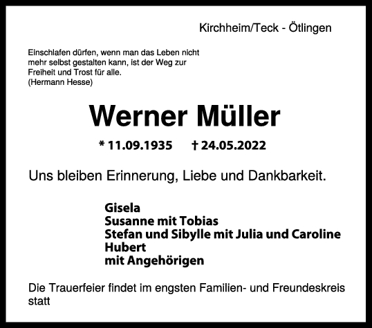 Trauer Werner Müller 04/06/2022
