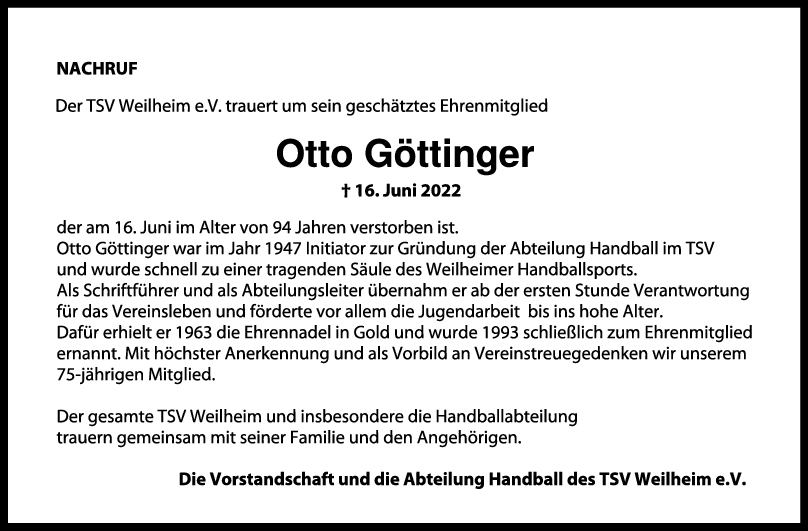 Nachruf Otto Göttinger 27/06/2022