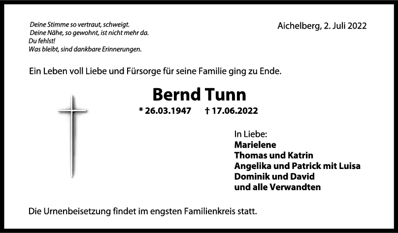 Trauer Bernd Tunn 02/07/2022