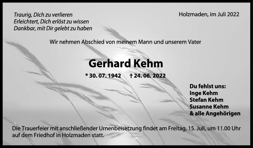 Trauer Gerhard Kehm 12/07/2022