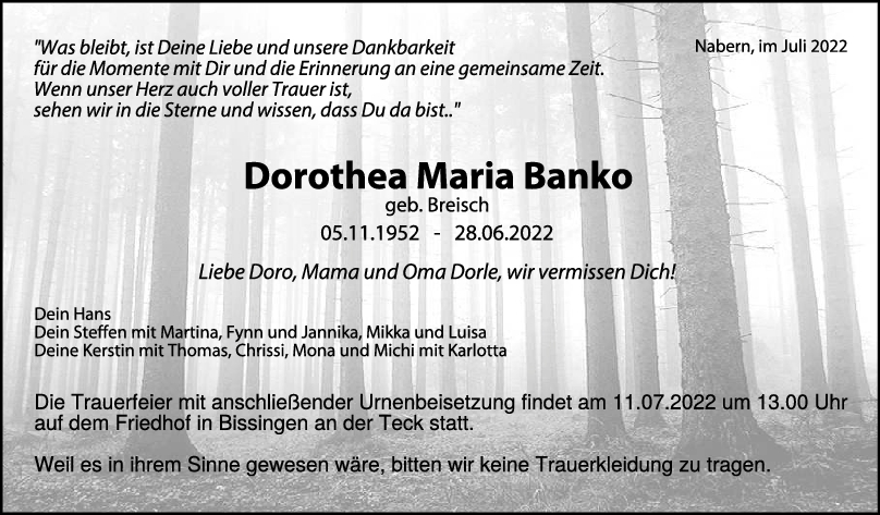 Trauer Dorothea Maria Banko 07/07/2022