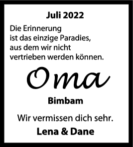 Nachruf Oma Bimbam 16/07/2022