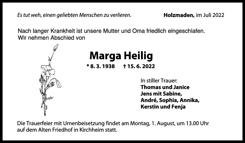 Trauer Marga Heilig 16/07/2022