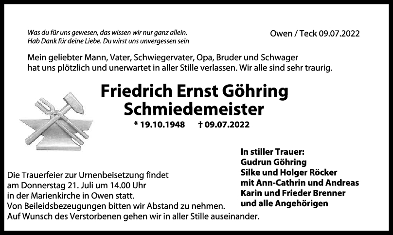 Trauer Friedrich Ernst Göhring 18/07/2022