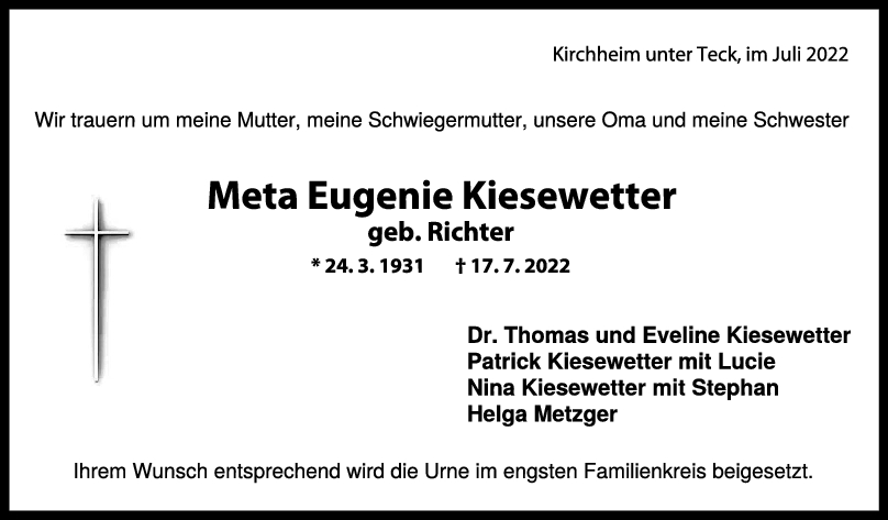 Trauer Meta Eugenie Kiesewetter 23/07/2022