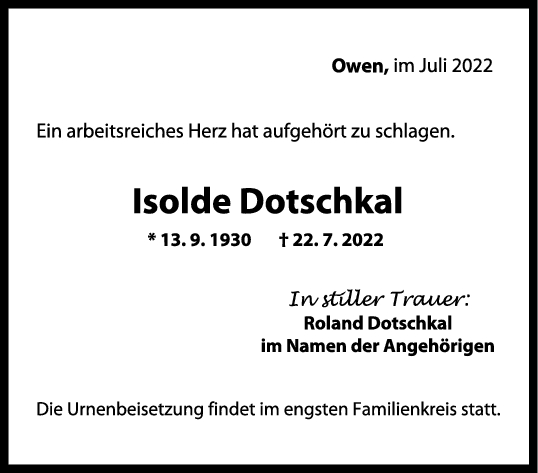 Trauer Isolde Dotschkal 29/07/2022