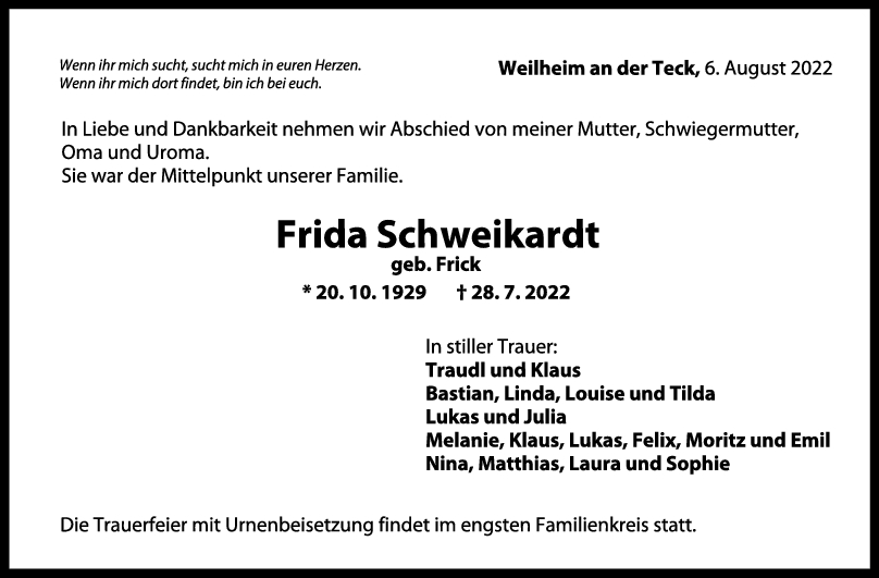 Trauer Frida Schweikardt 06/08/2022