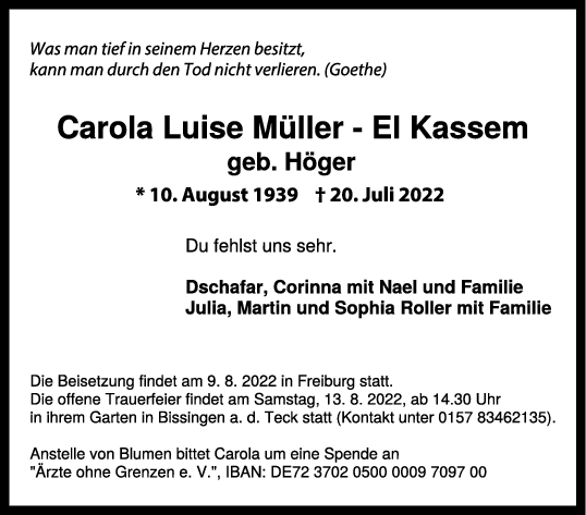 Trauer Carola Luise Müller - El Kassem 06/08/2022