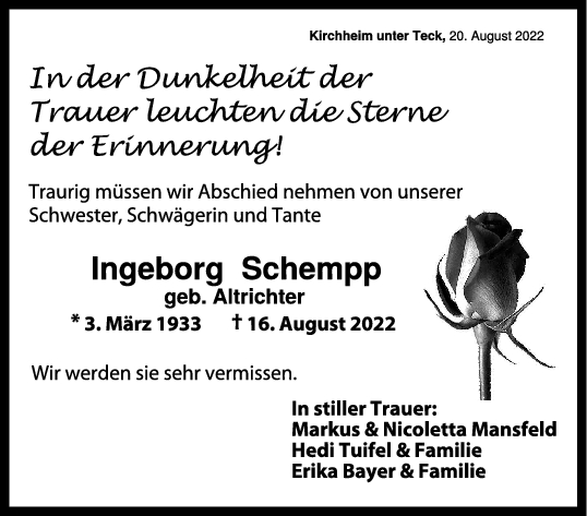 Trauer Ingeborg Schempp 20/08/2022