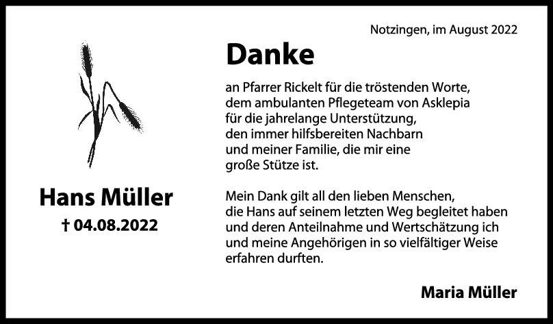 Danksagung Hans Müller 27/08/2022