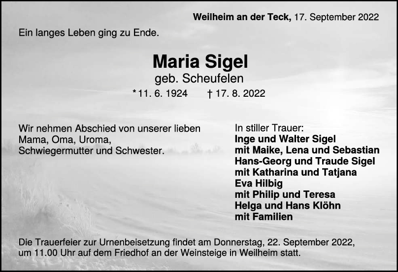Trauer Maria Sigel 17/09/2022