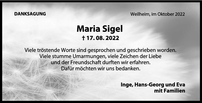 Danksagung Maria Sigel 01/10/2022