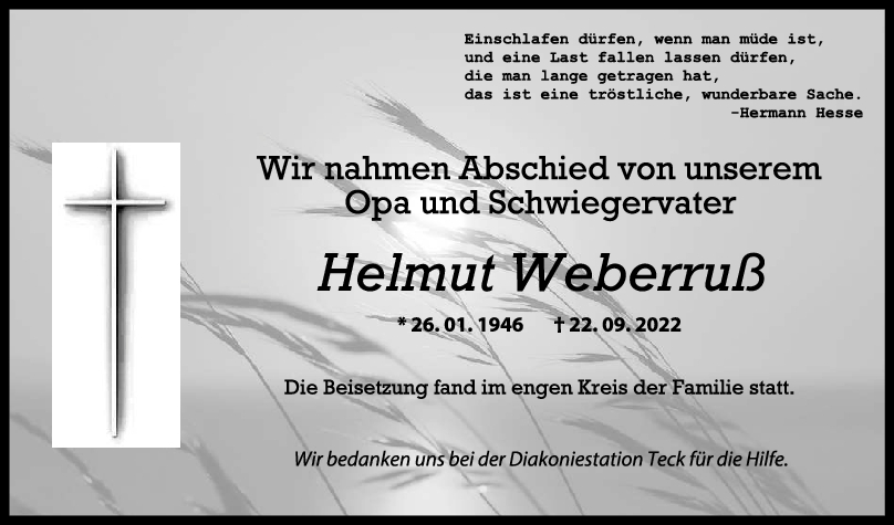 Trauer Helmut Weberruß 08/10/2022