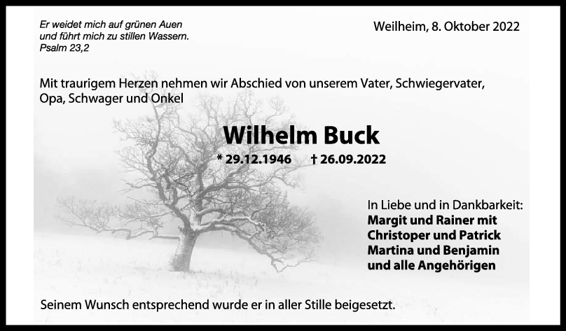 Trauer Wilhelm Buck 08/10/2022