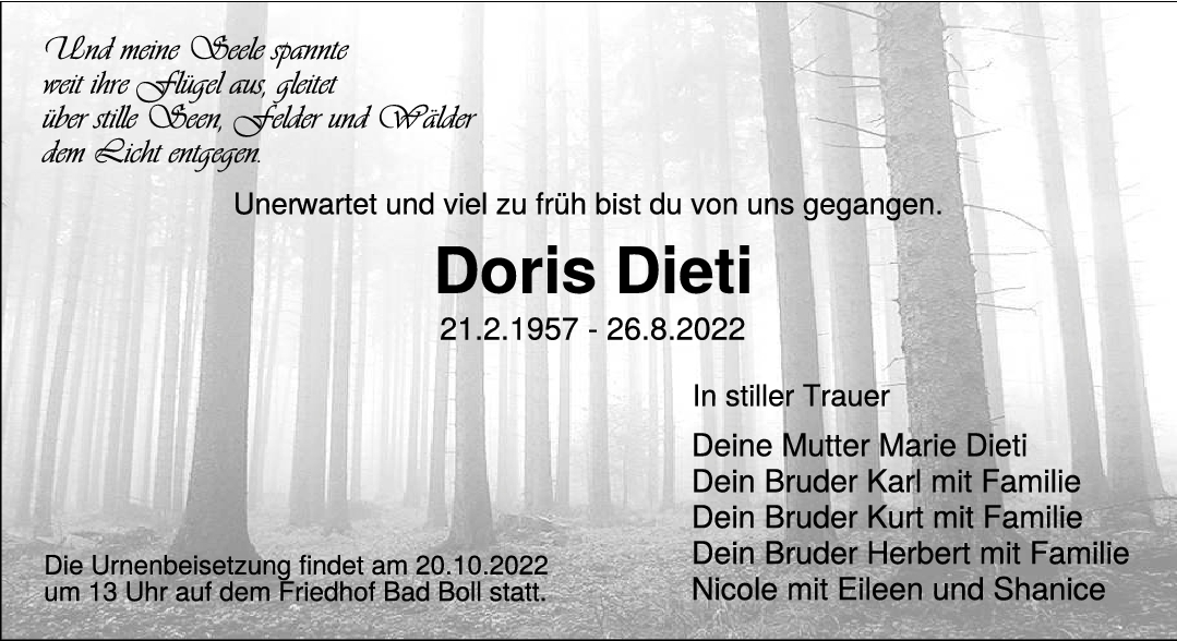 Trauer Doris Dieti 17/10/2022