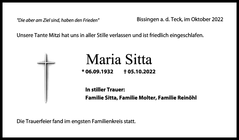 Trauer Maria Sitta 29/10/2022