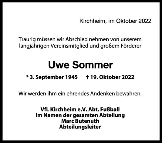 Nachruf Uwe Sommer 29/10/2022