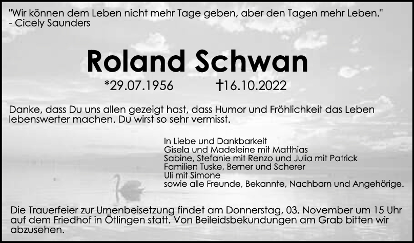 Trauer Roland Schwan 28/10/2022