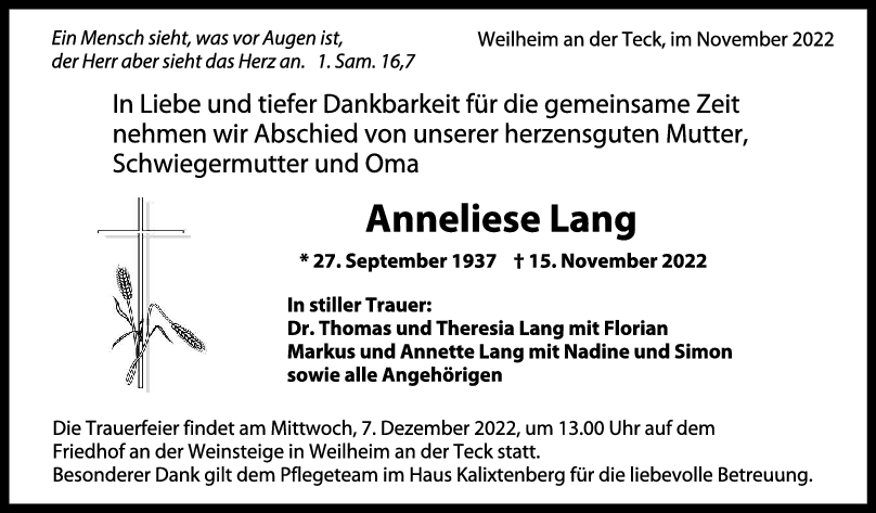 Trauer Anneliese Lang 25/11/2022