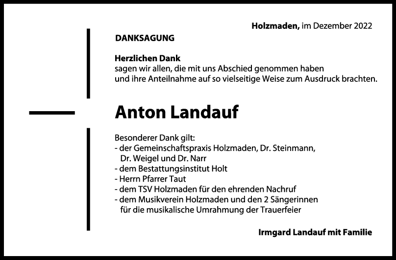 Danksagung Anton Landauf 17/12/2022