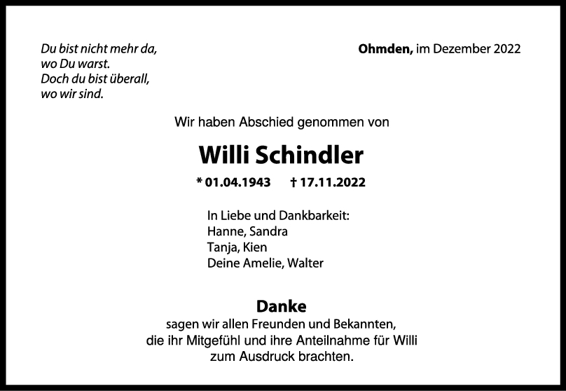 Trauer Willi Schindler 17/12/2022