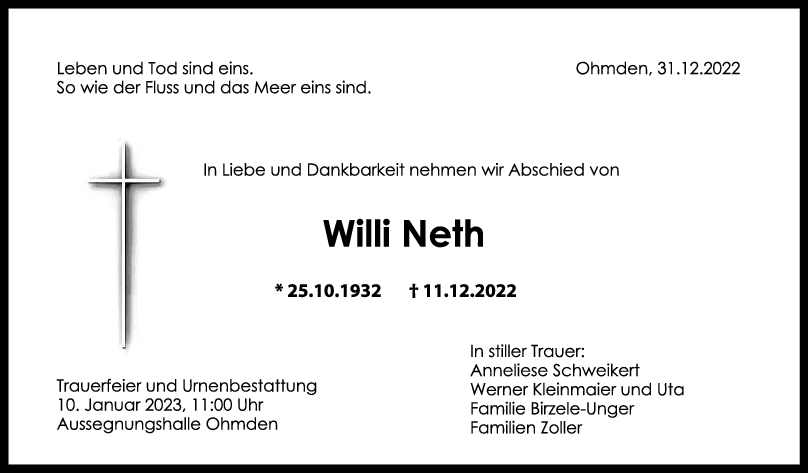Trauer Willi Neth 31/12/2022