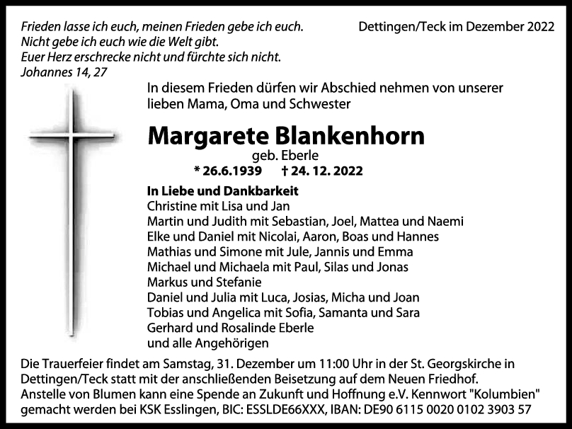 Trauer Margarete Blankenhorn 29/12/2022