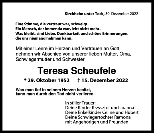 Trauer Teresa Scheufele 31/12/2022