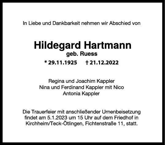 Trauer Hildegard Hartmann 02/01/2023