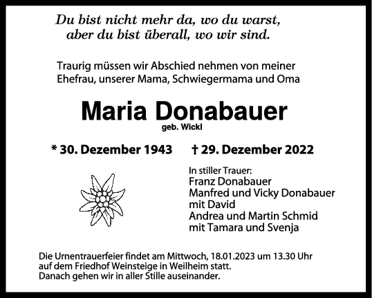 Trauer Maria Donabauer 14/01/2023