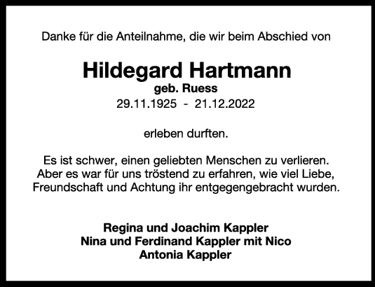 Danksagung Hildegard Hartmann 16/01/2023