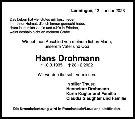 Trauer Hans Drohmann 17/01/2023