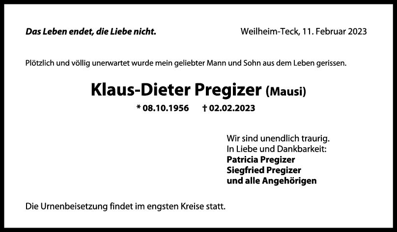 Trauer Klaus-Dieter Pregizer 11/02/2023