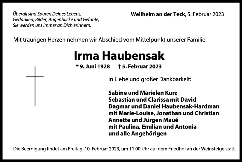 Trauer Irma Haubensak 08/02/2023