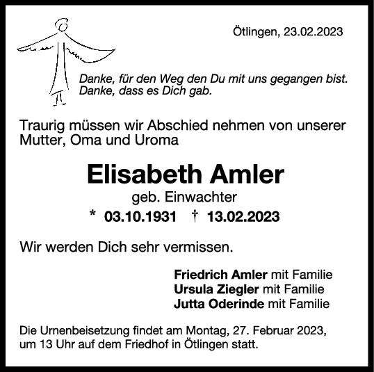 Trauer Elisabeth Amler 23/02/2023