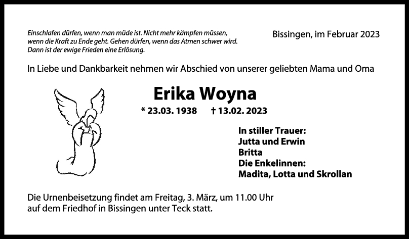 Trauer Erika Woyna 27/02/2023