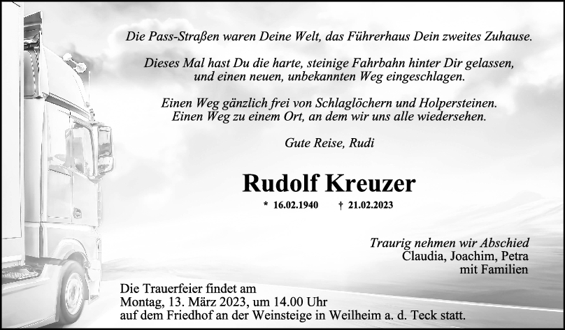 Trauer Rudolf Kreuzer 04/03/2023