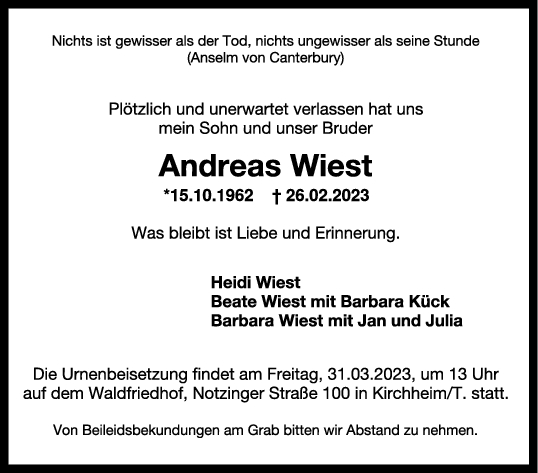 Trauer Andreas Wiest 11/03/2023